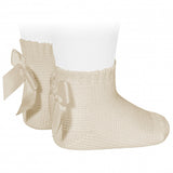 Moss Stitch Ankle Sock w/Bow - Linen