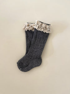 Ribbed High Knee Sock With Lace - Dark Grey