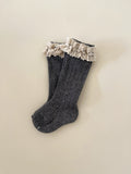 Ribbed High Knee Sock With Lace - Dark Grey