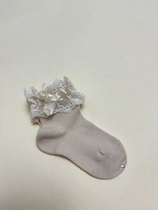 Ankle Sock w/Lace & Bow -Linen