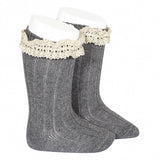 Ribbed High Knee Sock With Lace - Dark Grey