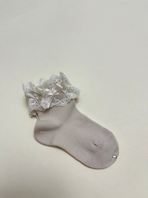 Ankle Sock w/Lace & Bow -Linen