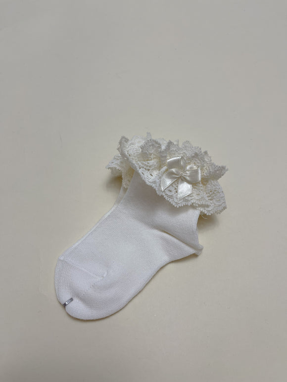 Ankle Sock w/Lace & Bow - Cream