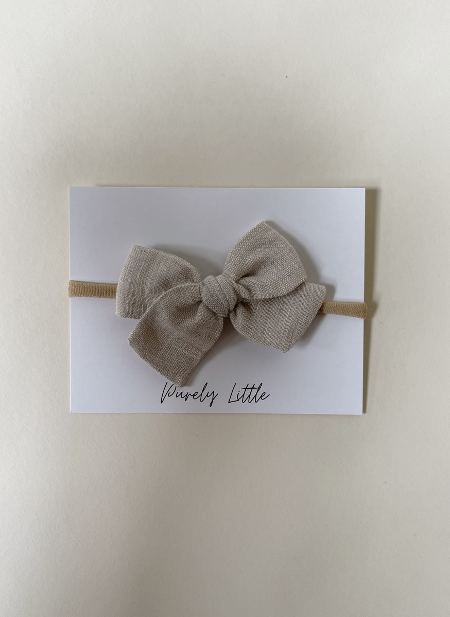 Small Gauze Bow headband Tan linen Purely Little